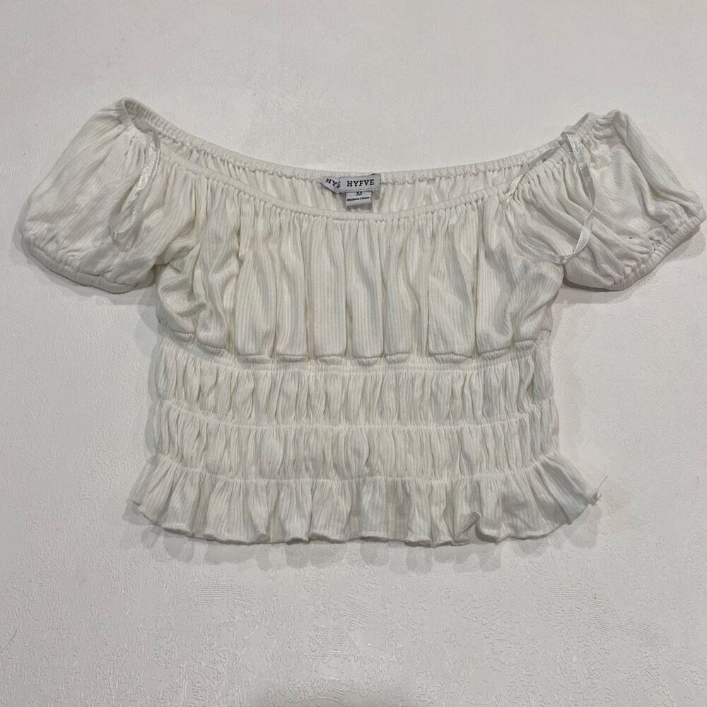 HYFVE Off Shoulder Smocked Ruffle Crop Top White Women’s Size Medium